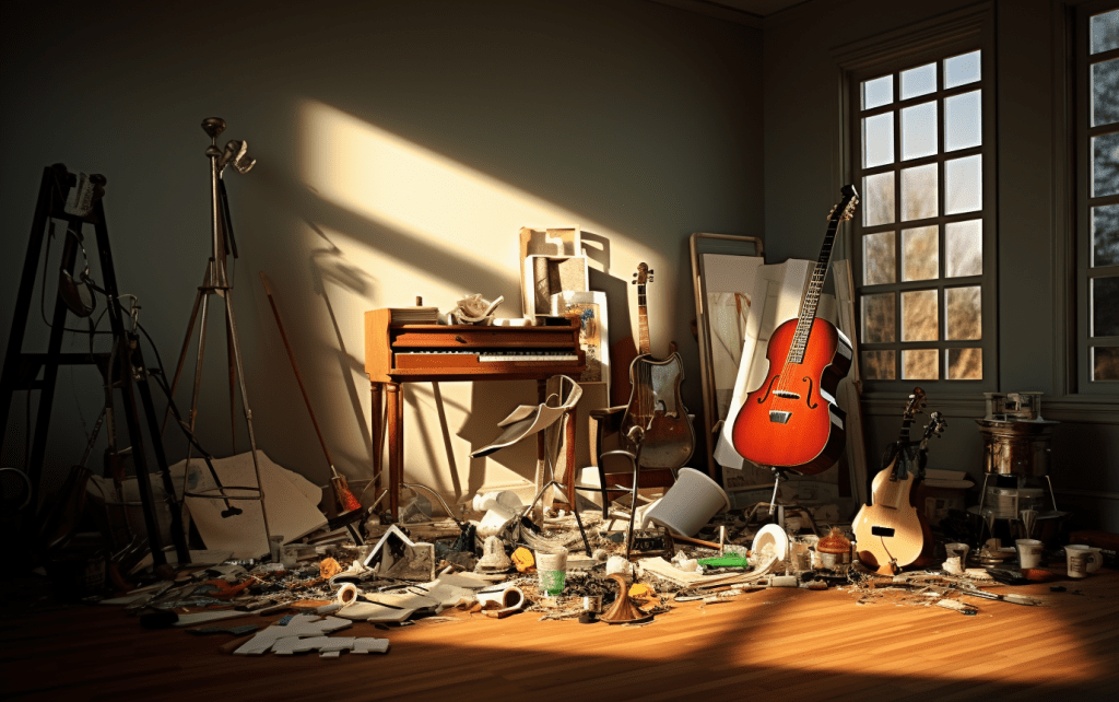 An image depicting several items related to popular hobbies, created using AI Midjourney