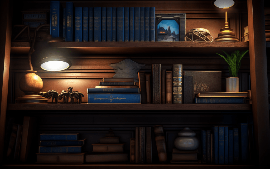 Image of a bookshelf and house decor items made with mid journey AI