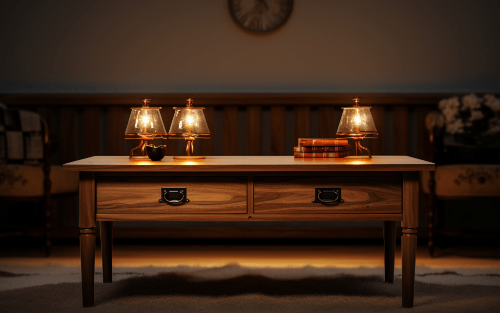 Image of a coffee table centered in a room, created using Midjourney AI