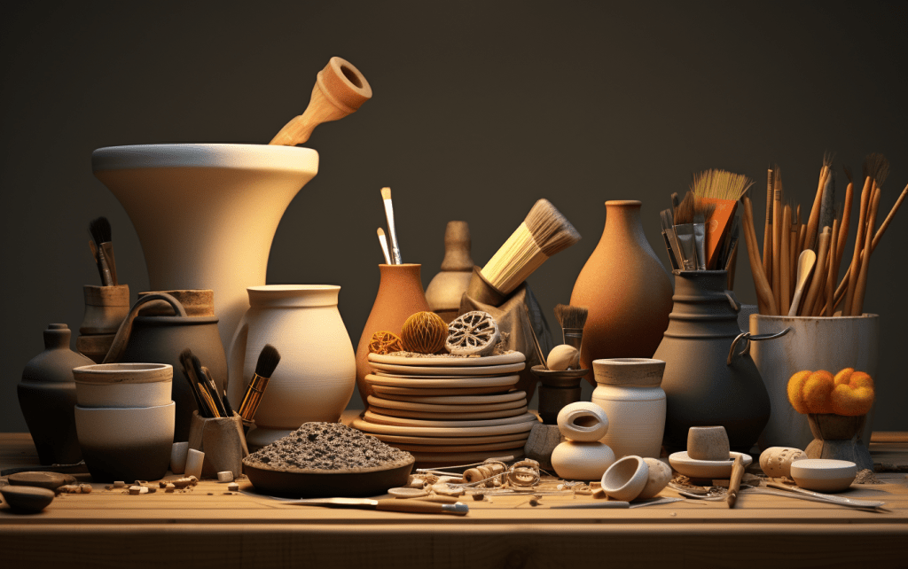 An image of a pottery kit with assorted pottery tools created by an AI MidJourney Bot