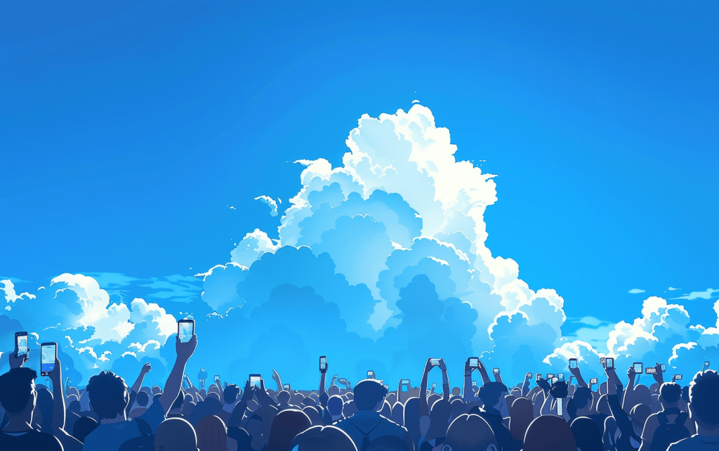 A crowd of people holding up their phones to take a picture of a cloud, created using MidJourney AI